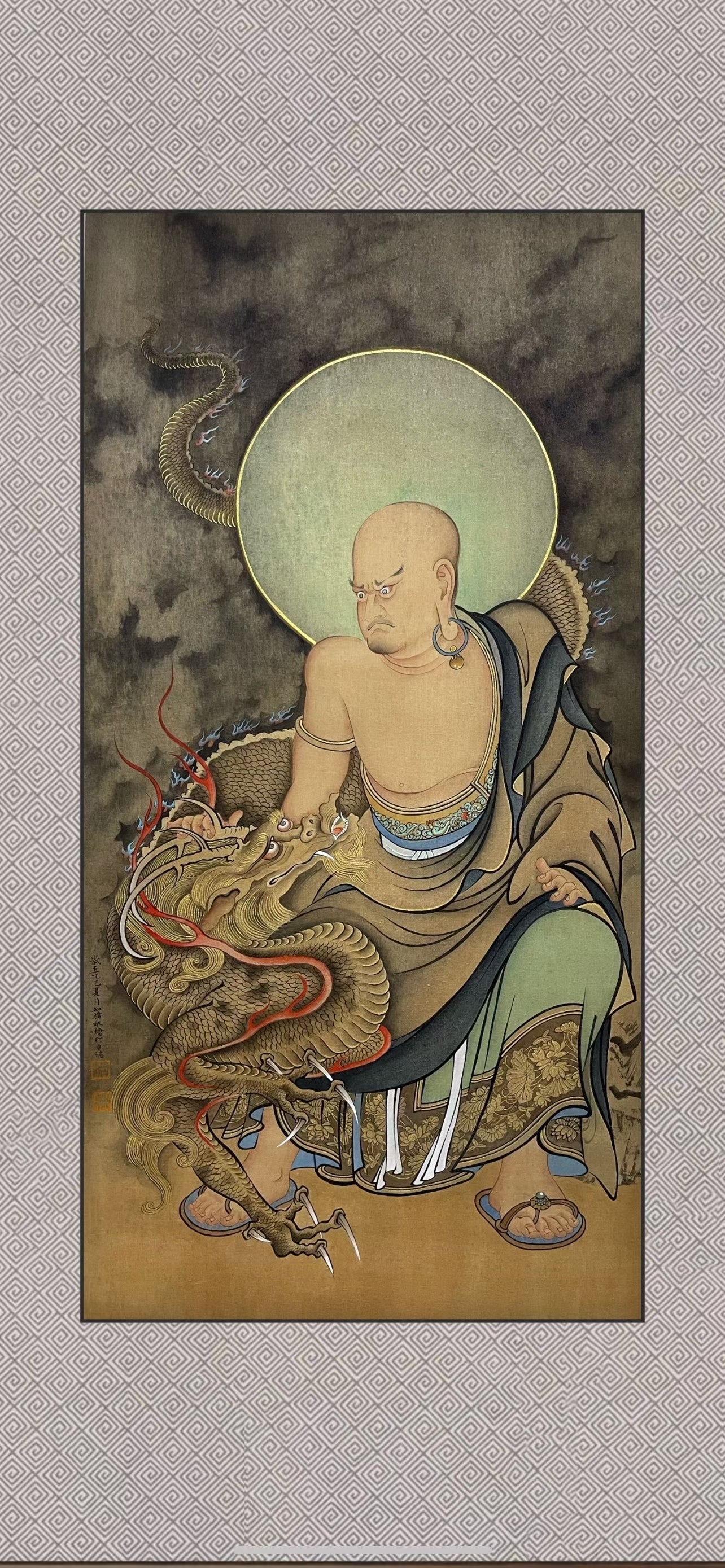 Illustration of a monk with a dragon on a textured gray background