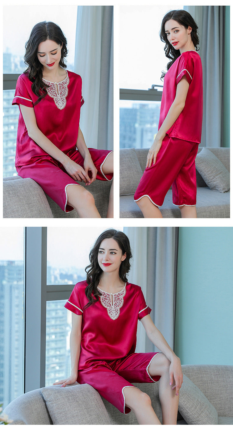 Women's Short Sleeve 100%Silk Pajamas 2pcs Set XM-81