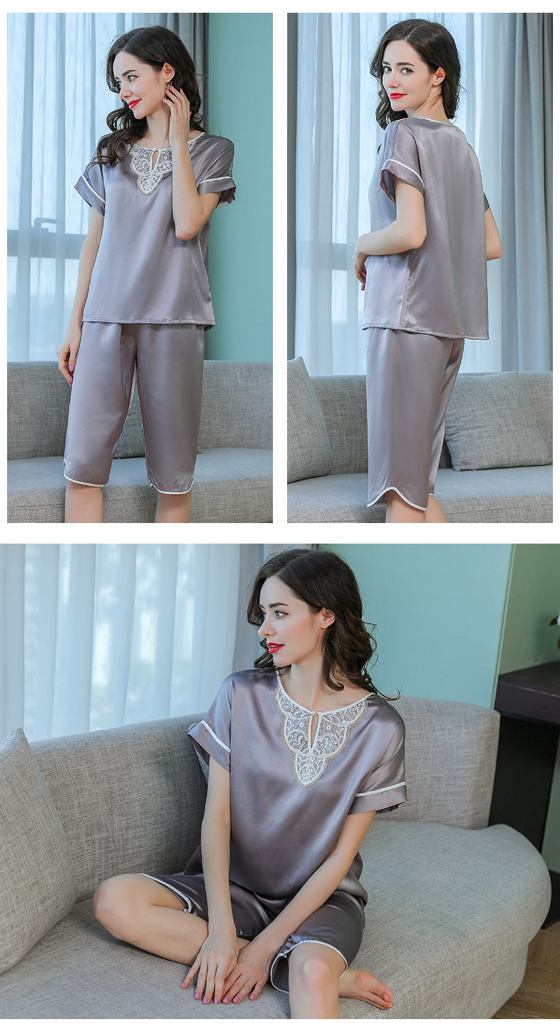 Women's Short Sleeve 100%Silk Pajamas 2pcs Set XM-81