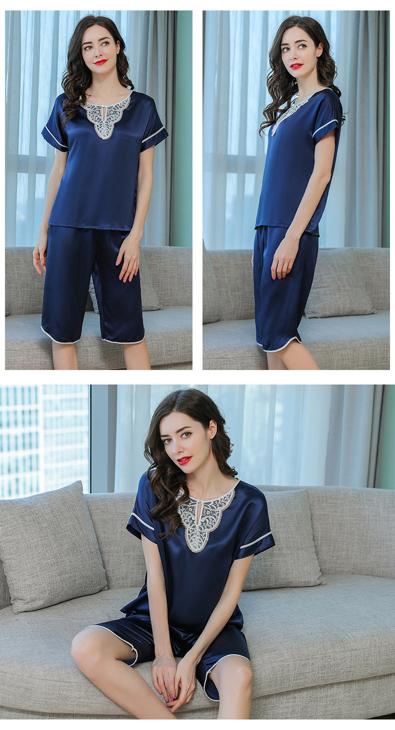 Women's Short Sleeve 100%Silk Pajamas 2pcs Set XM-81