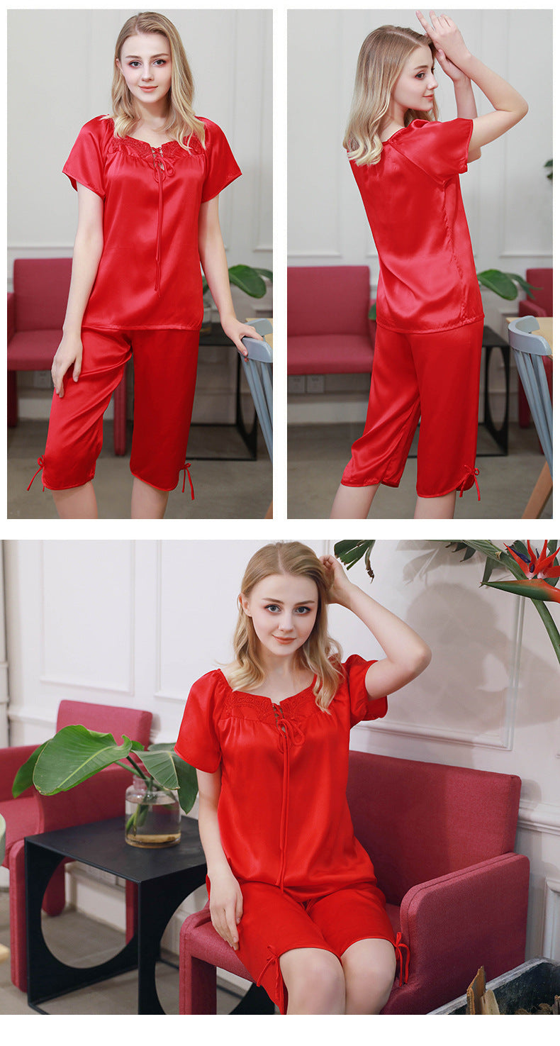 Women's Short Sleeve 100%Silk Pajamas 2pcs Set XM-86