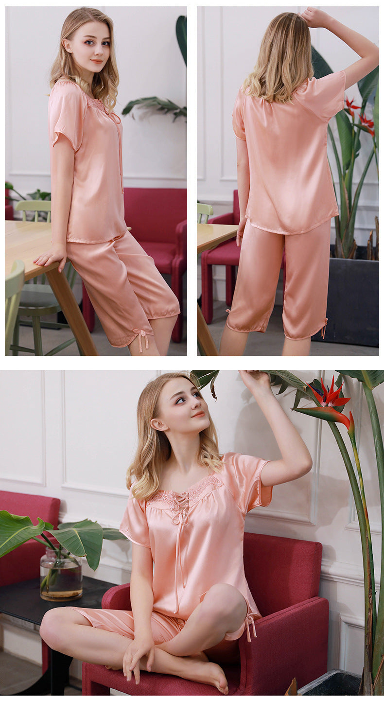 Women's Short Sleeve 100%Silk Pajamas 2pcs Set XM-86