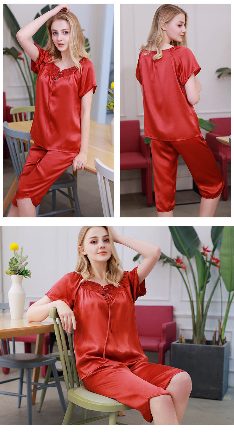 Women's Short Sleeve 100%Silk Pajamas 2pcs Set XM-86