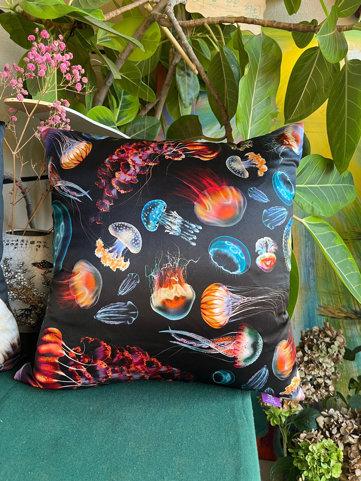 22 Momme Grade 6A Mulberry Silk Cushion Cover Throw Pillowcase PQ26 Summer Party Designed by Julia Charlott  17.7"x17.7"