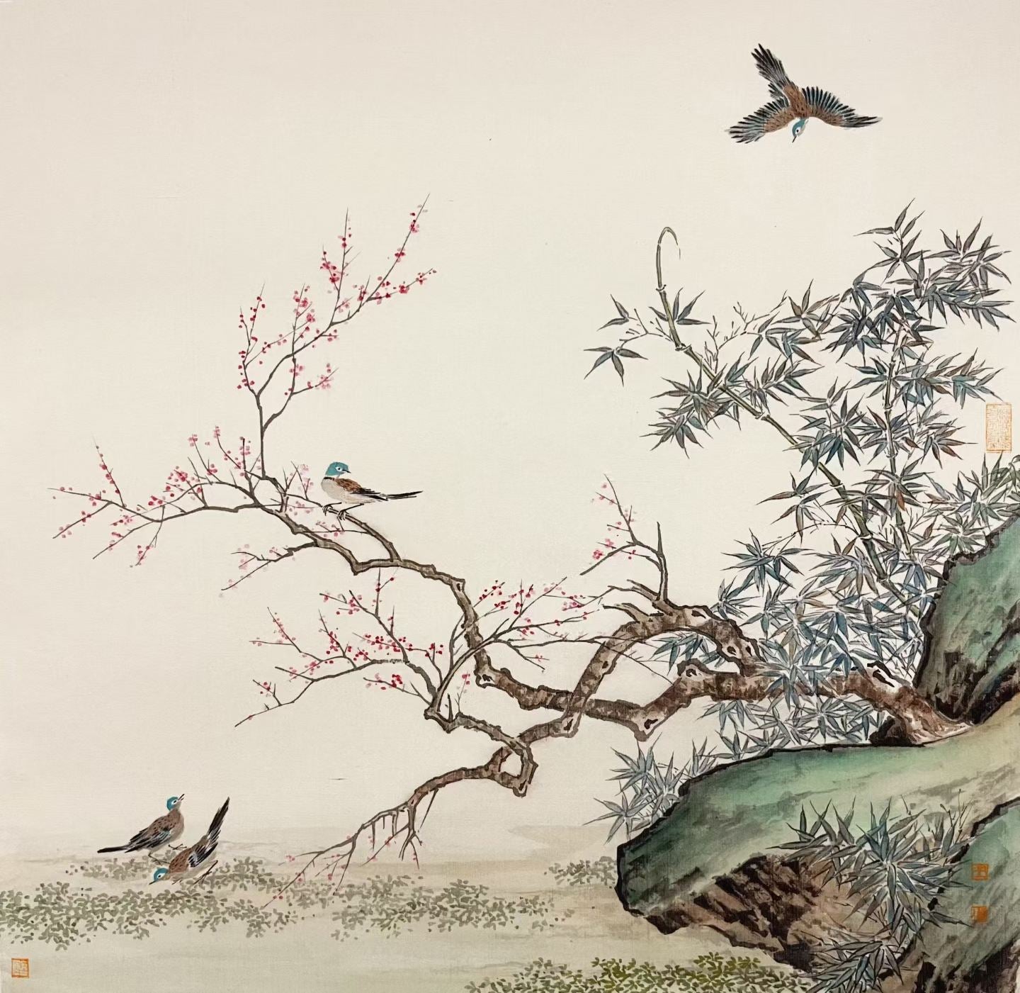 Traditional Chinese painting of birds on branches with pink flowers and a rock.