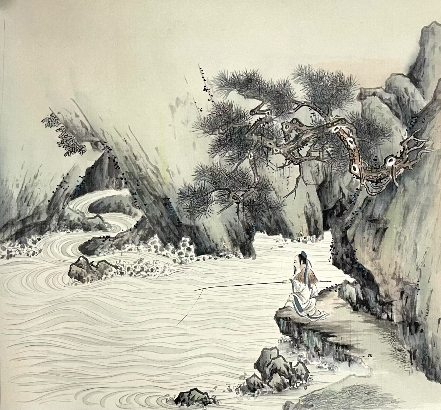 Traditional Chinese painting of people is fishing  by a stream with mountains and trees.