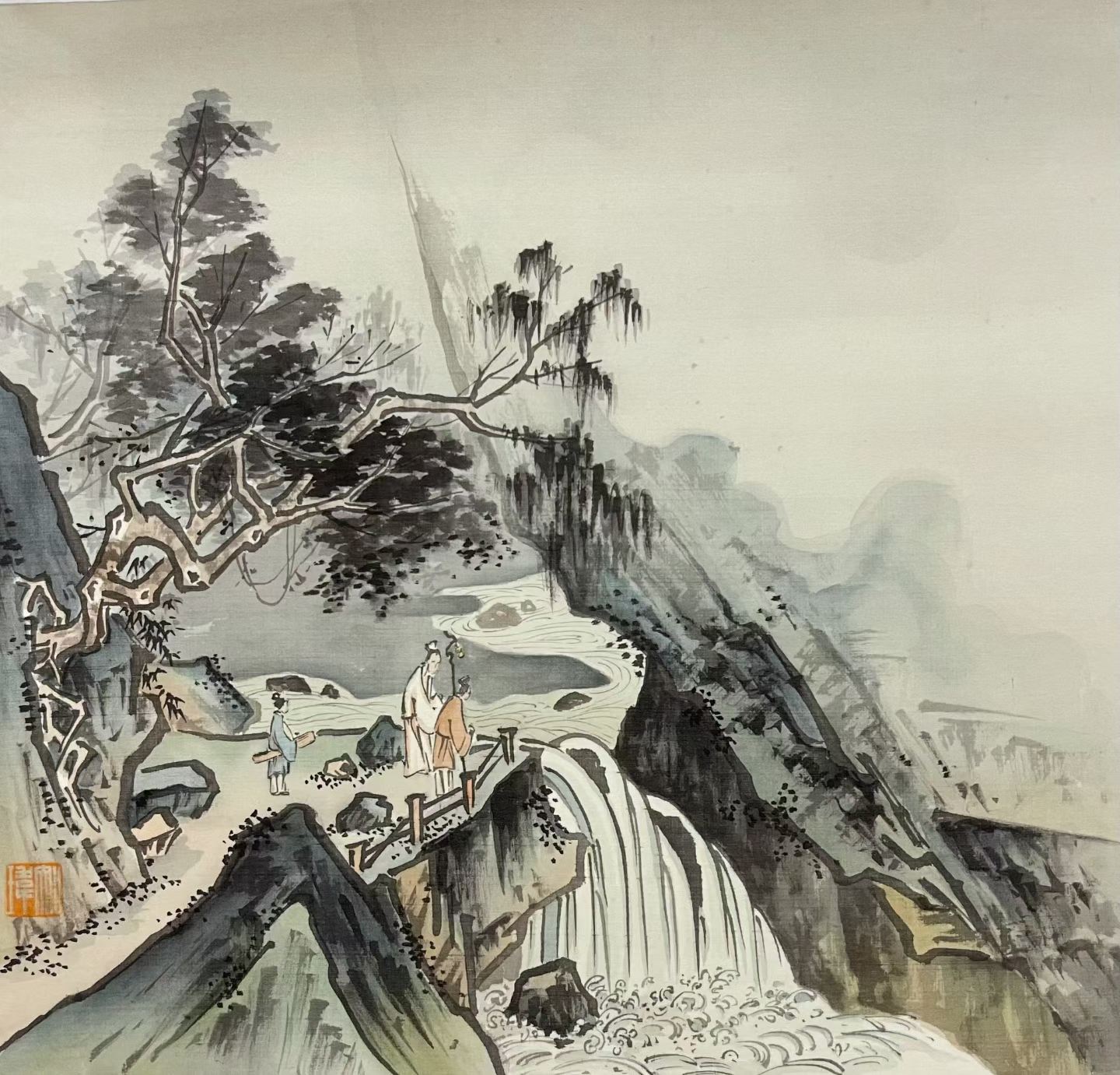 Traditional Chinese landscape painting with figures by a waterfall
