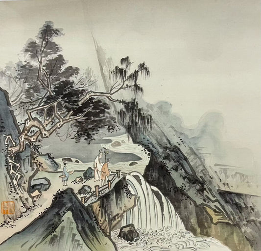 Traditional Chinese landscape painting with figures by a waterfall