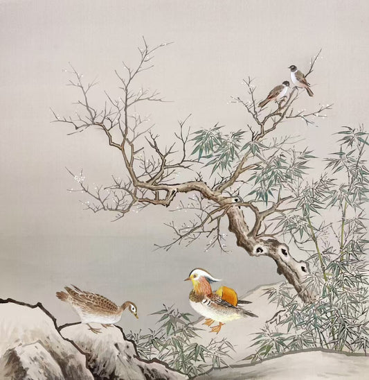 Traditional Chinese painting of birds on a branch with a snowy landscape.
