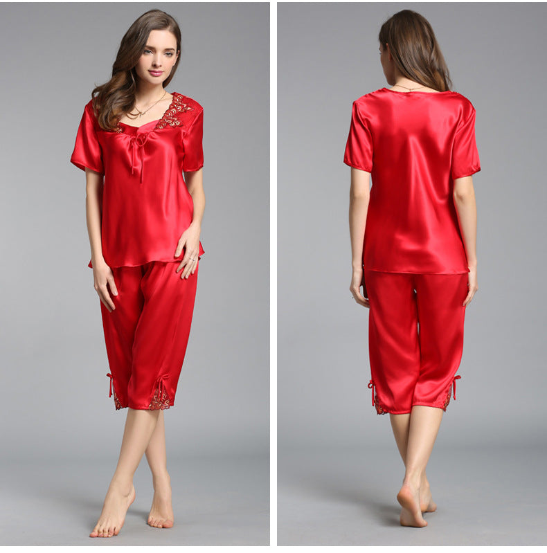 Women's Short Sleeve 100%Silk Pajamas 2pcs Set XM-84