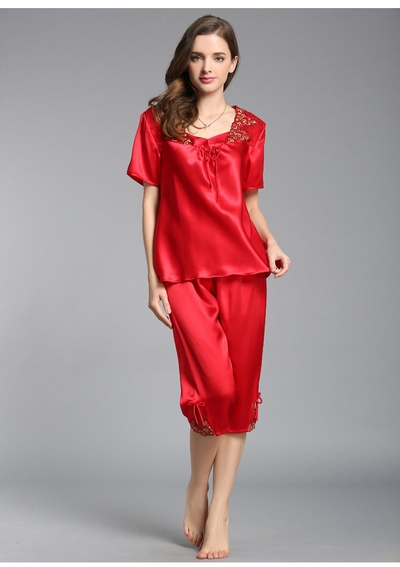 Women's Short Sleeve 100%Silk Pajamas 2pcs Set XM-84