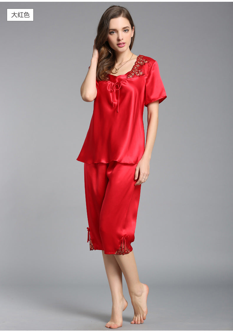 Women's Short Sleeve 100%Silk Pajamas 2pcs Set XM-84