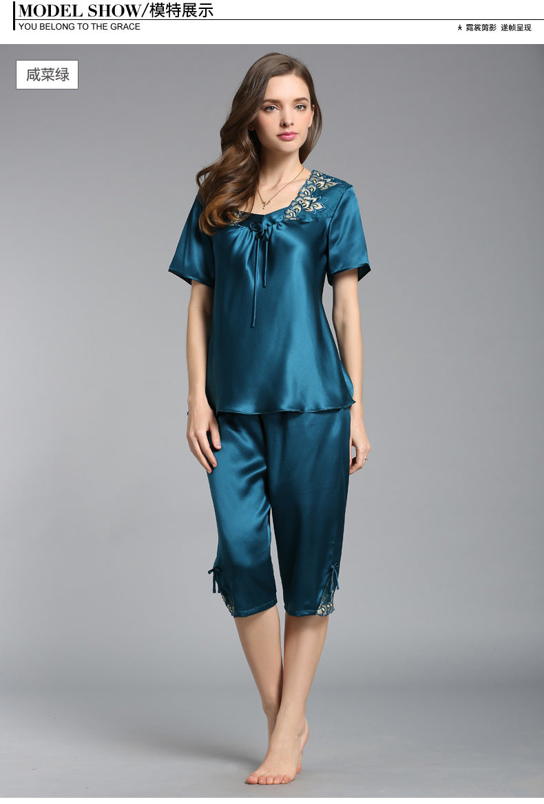 Women's Short Sleeve 100%Silk Pajamas 2pcs Set XM-84