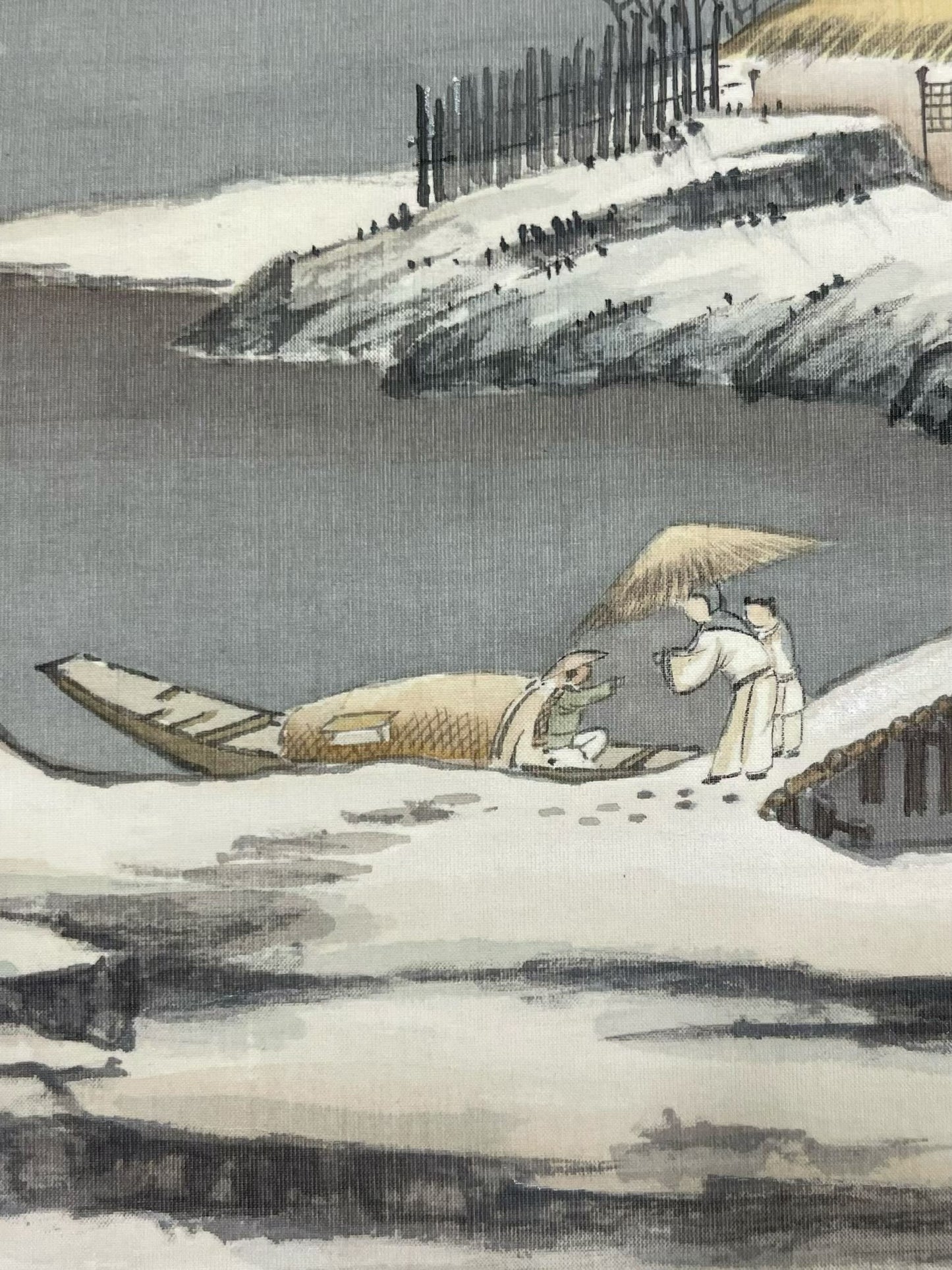 Traditional Chinese Landscape Painting with Trees, Mountains, and Boats AWZW03 by China Artist Wang Zhiwei