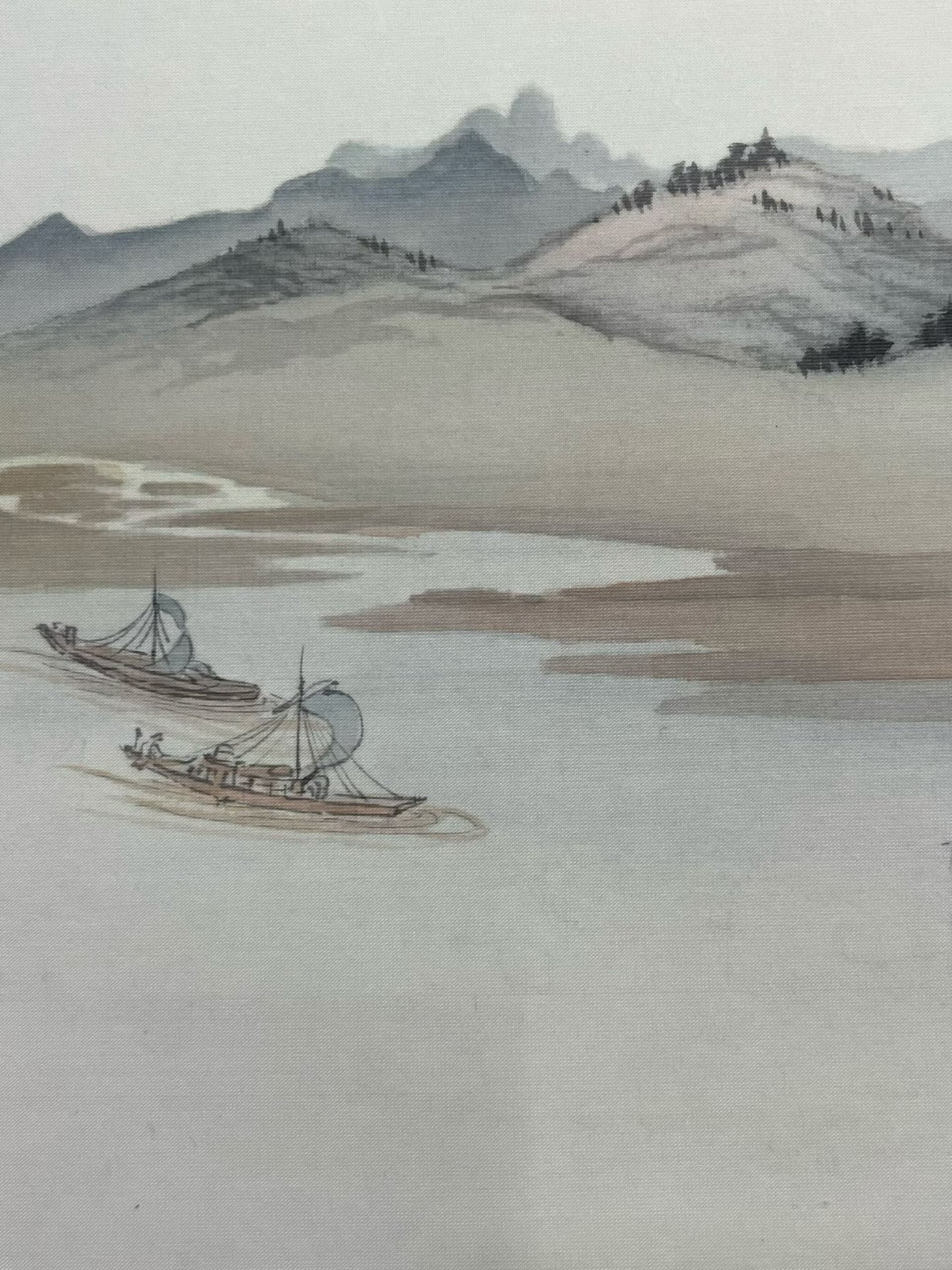 Traditional Chinese Landscape Painting with Trees, Mountains, and Boats AWZW03 by China Artist Wang Zhiwei