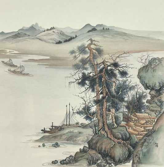 Traditional Chinese landscape painting with trees, mountains, and boats.