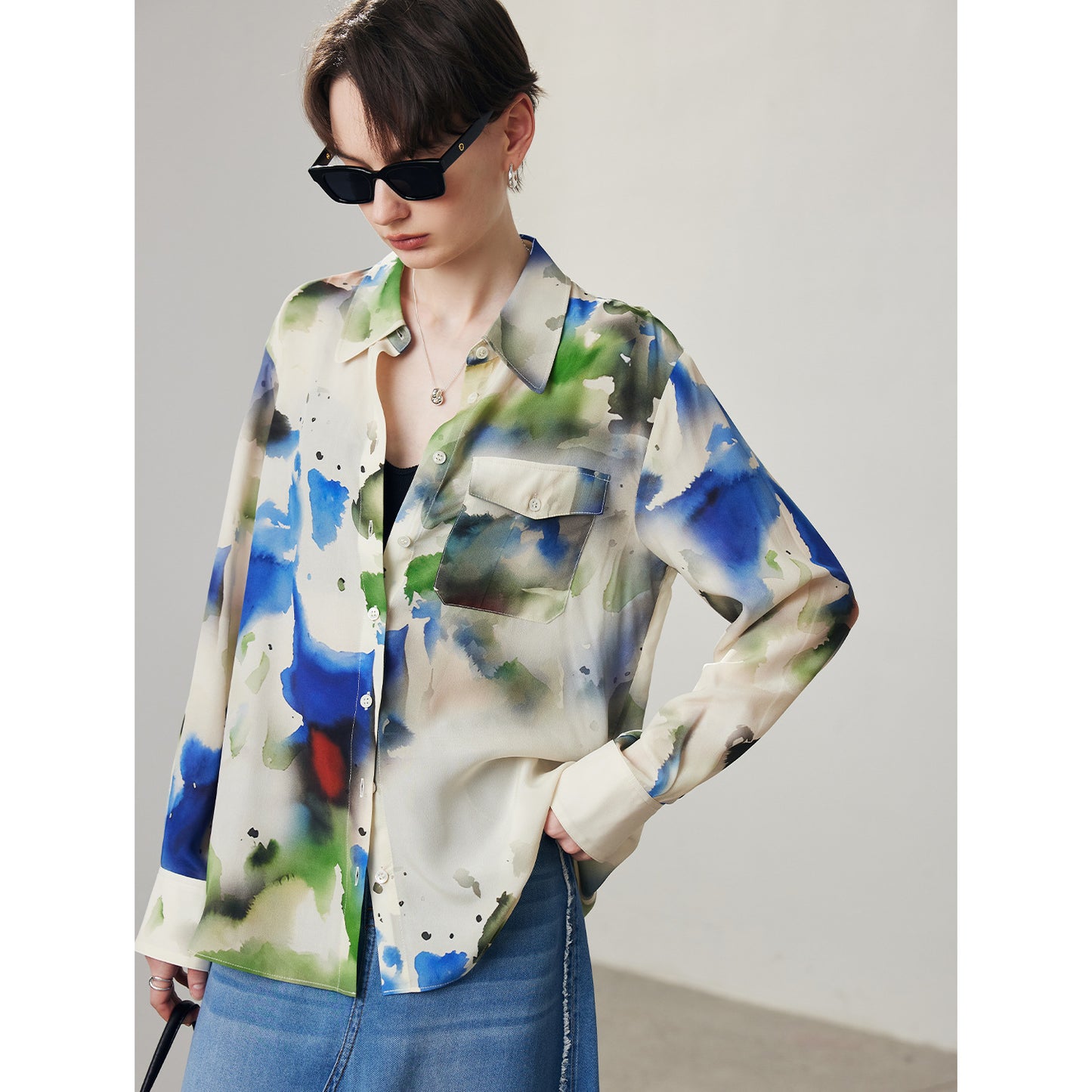 Geographic Printed 100%Silk Women's Blouse Shirt JS-204