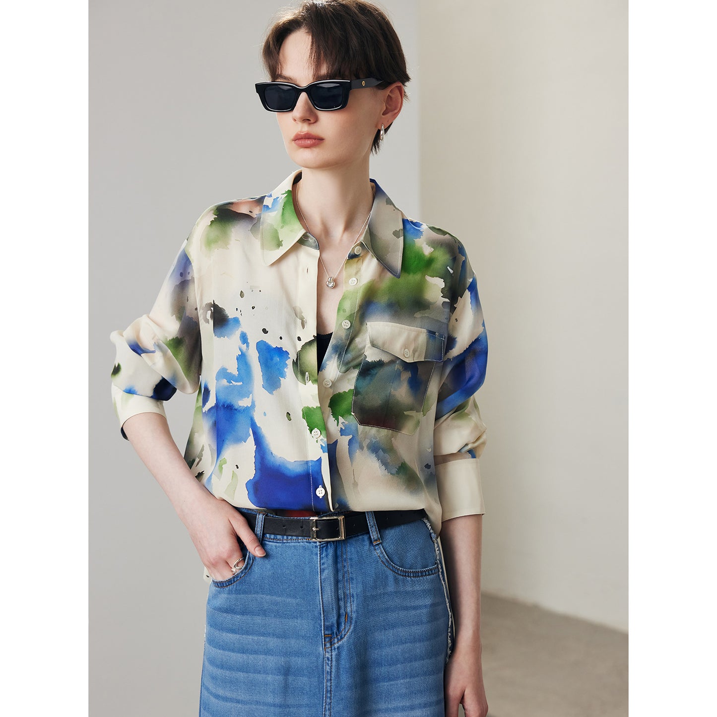 Geographic Printed 100%Silk Women's Blouse Shirt JS-204