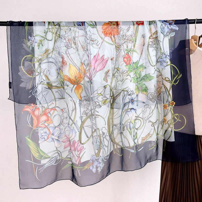 Floral Printed 100%Silk Chiffon Women's Scarf BG-175