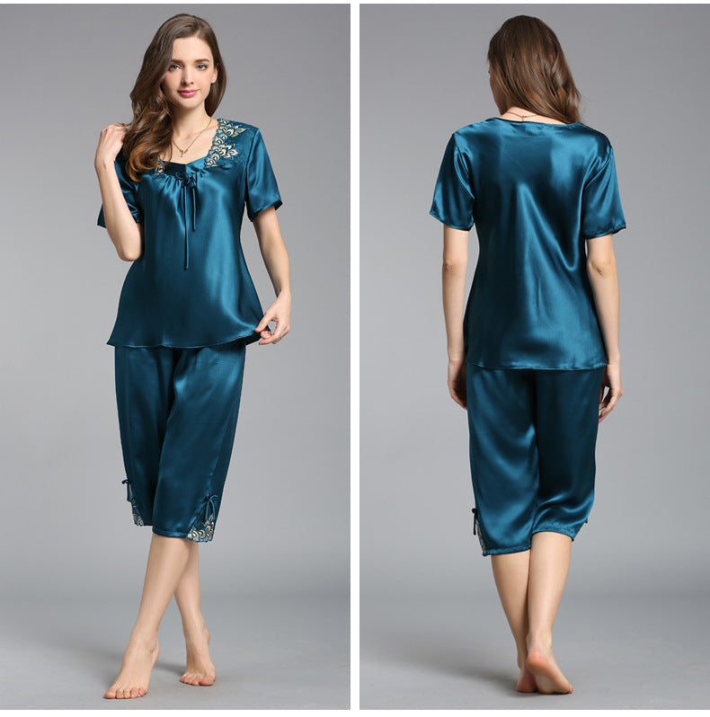 Women's Short Sleeve 100%Silk Pajamas 2pcs Set XM-84