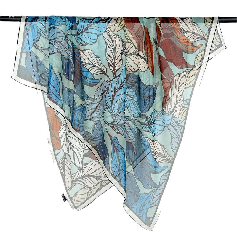 100%Silk Chiffon Leaves Printed Square Summer Scarf for Woman BG-171