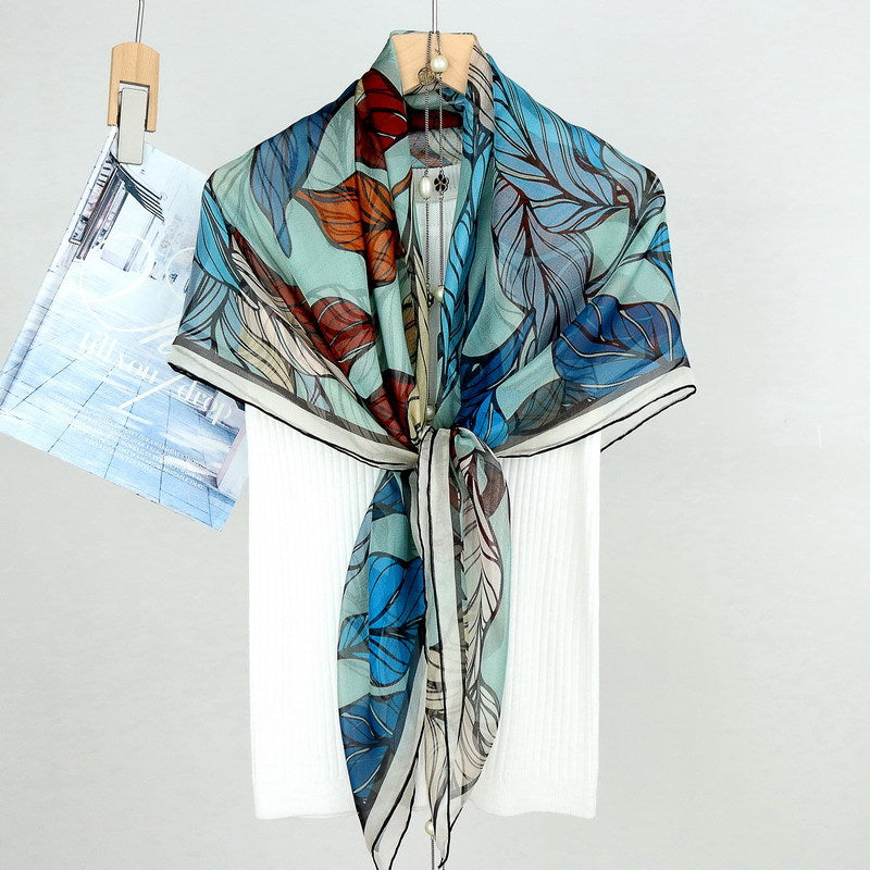 100%Silk Chiffon Leaves Printed Square Summer Scarf for Woman BG-171