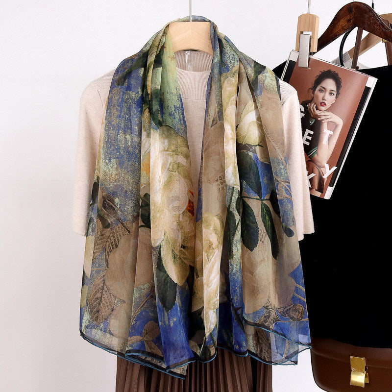 100%Silk Chiffon Women's Flower Printed Square Scarf 135x135cm BG-185