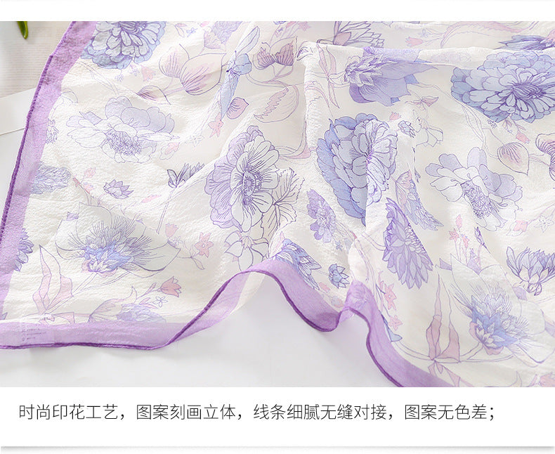 100%Silk Chiffon Women's Floral Printed Summer Suqare Silk Scarf 70*70cm PT-60