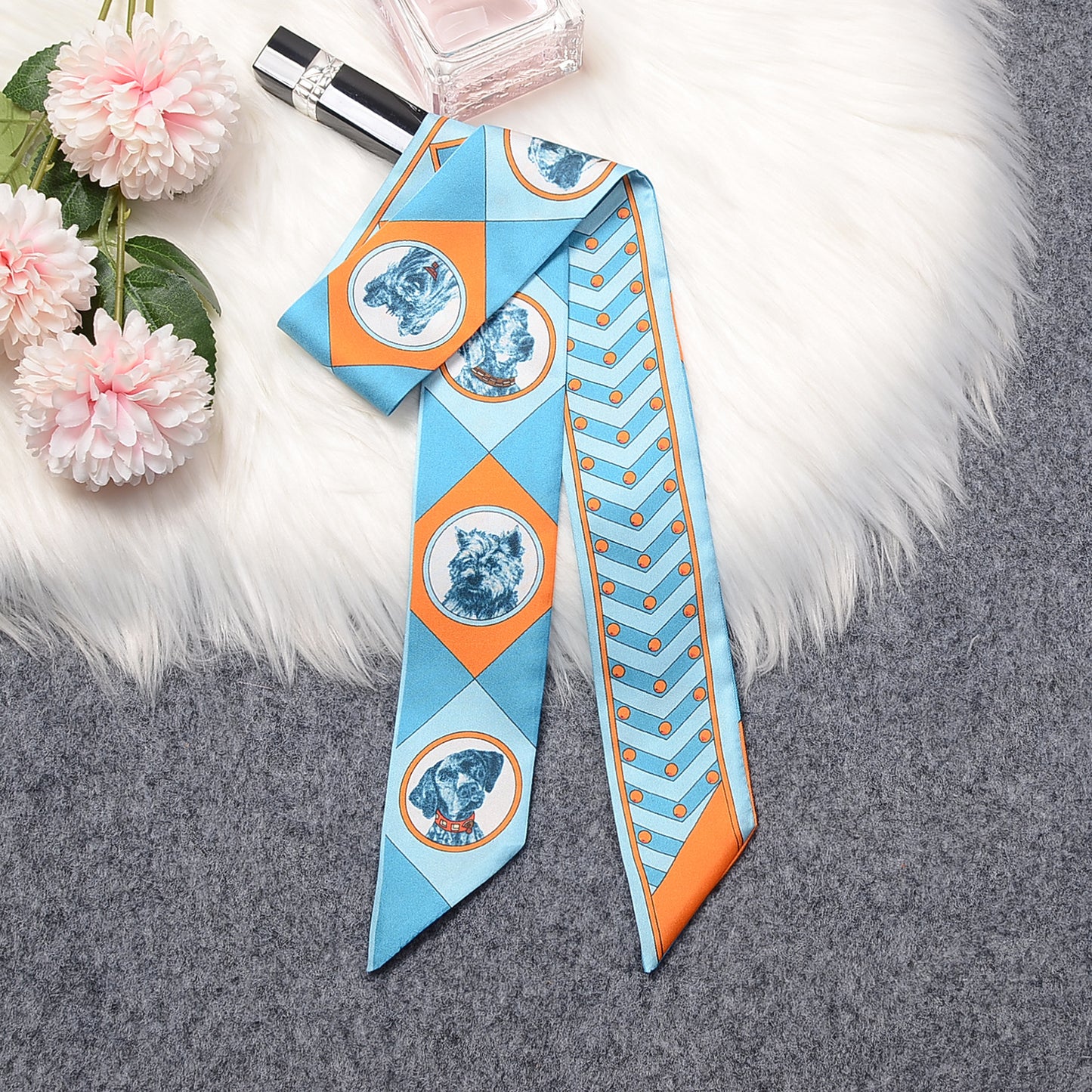 100%Silk  Dog Printed Headband Skinny Scarf 86*5cm BL-101