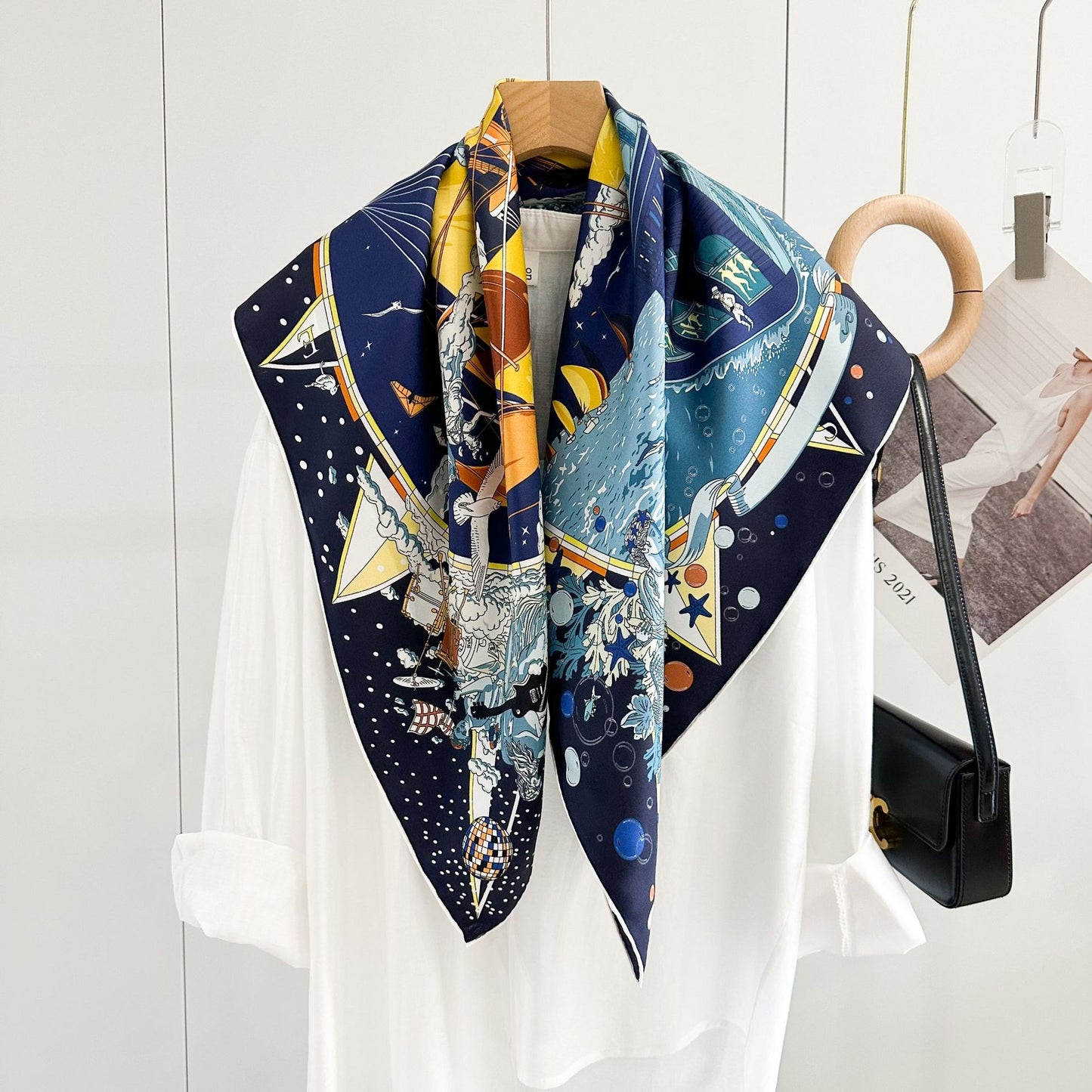 100%Silk Twill Boat Printed Scarf 90*90cm CY-104