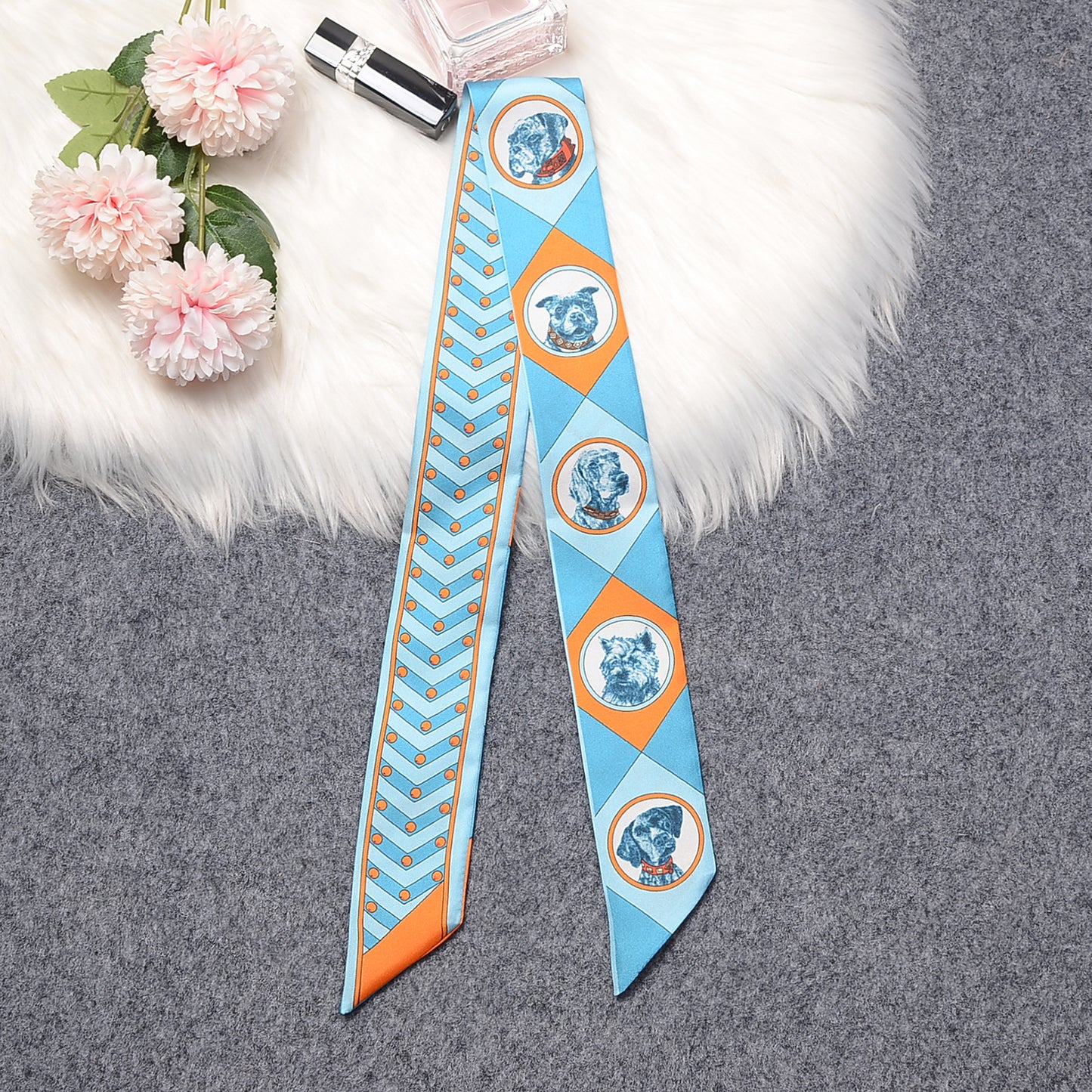 100%Silk  Dog Printed Headband Skinny Scarf 86*5cm BL-101