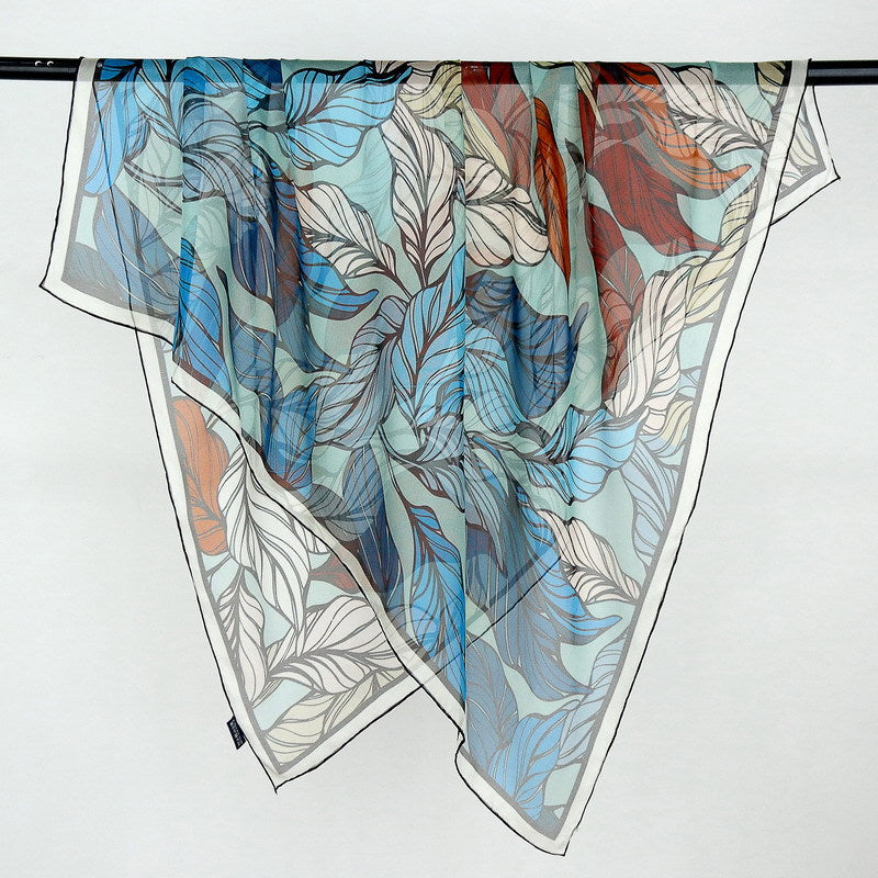 100%Silk Chiffon Leaves Printed Square Summer Scarf for Woman BG-171