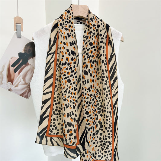 100%Silk Chiffon Leopard Printed Women's Summer Beach Silk Scarf 145*35cm CY-111