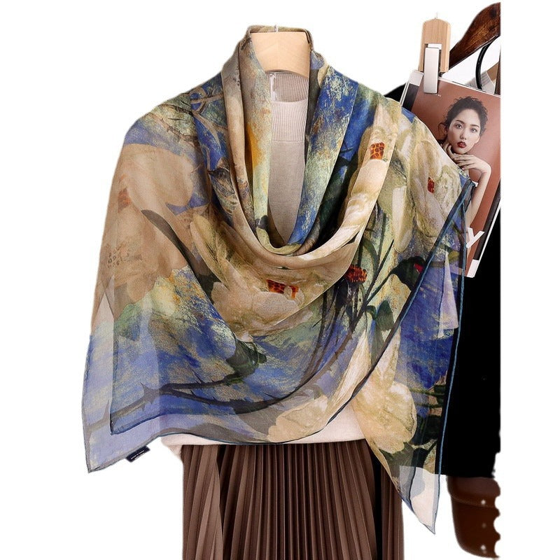 100%Silk Chiffon Women's Flower Printed Square Scarf 135x135cm BG-185