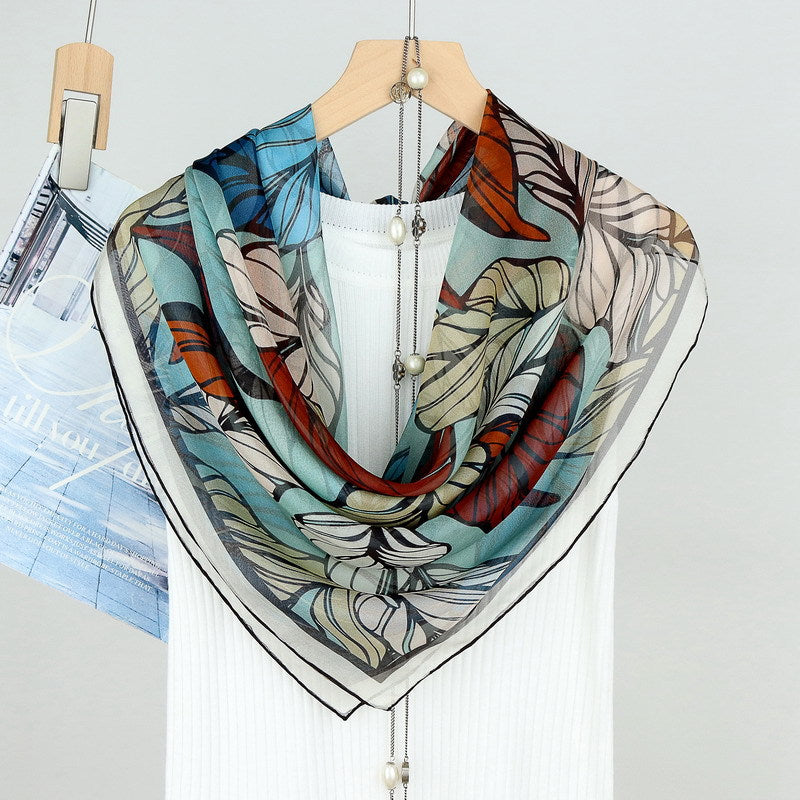 100%Silk Chiffon Leaves Printed Square Summer Scarf for Woman BG-171