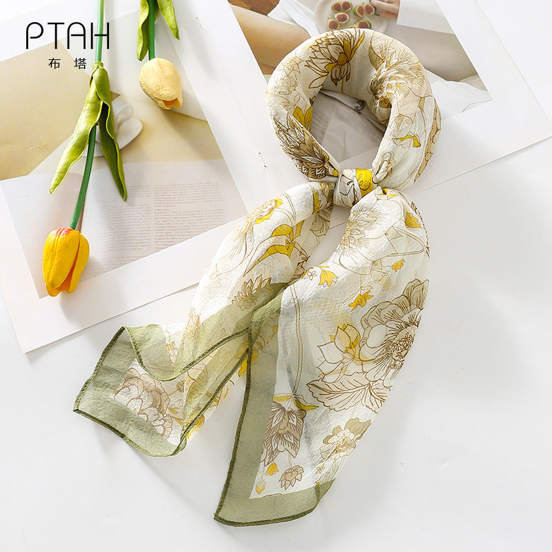 100%Silk Chiffon Women's Floral Printed Summer Suqare Silk Scarf 70*70cm PT-60