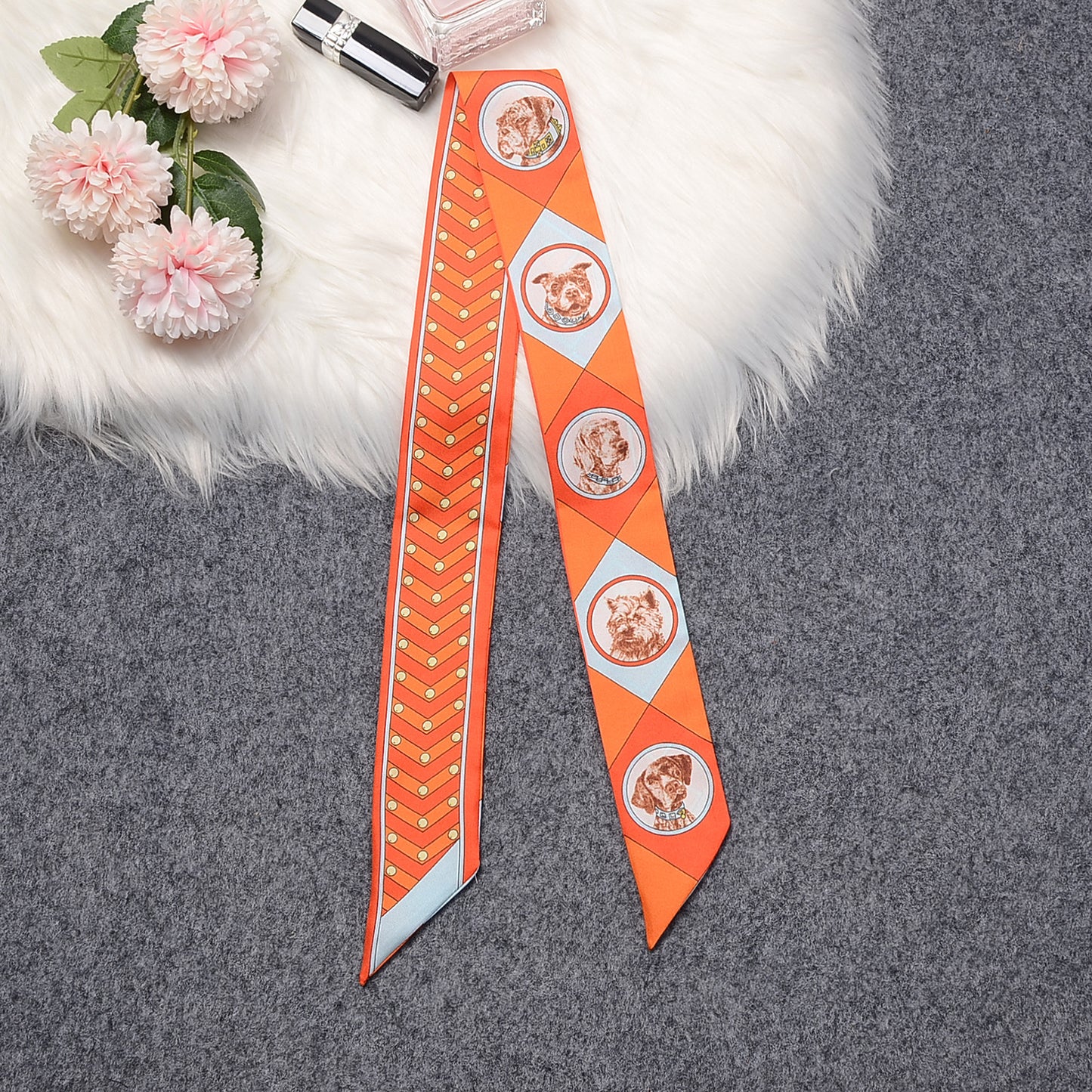 100%Silk  Dog Printed Headband Skinny Scarf 86*5cm BL-101