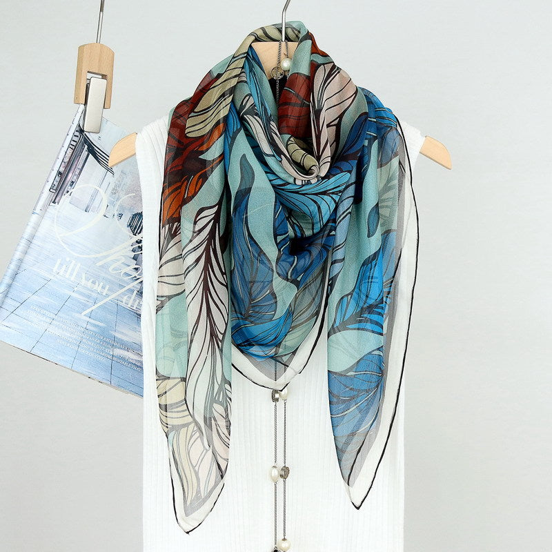 100%Silk Chiffon Leaves Printed Square Summer Scarf for Woman BG-171