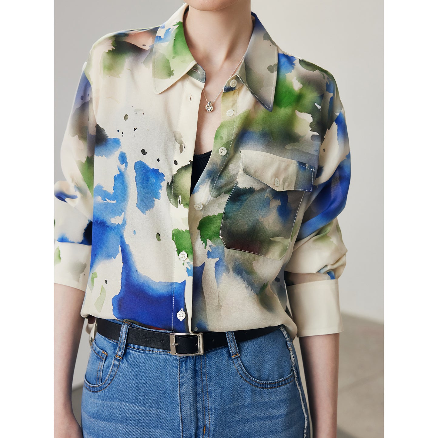 Geographic Printed 100%Silk Women's Blouse Shirt JS-204