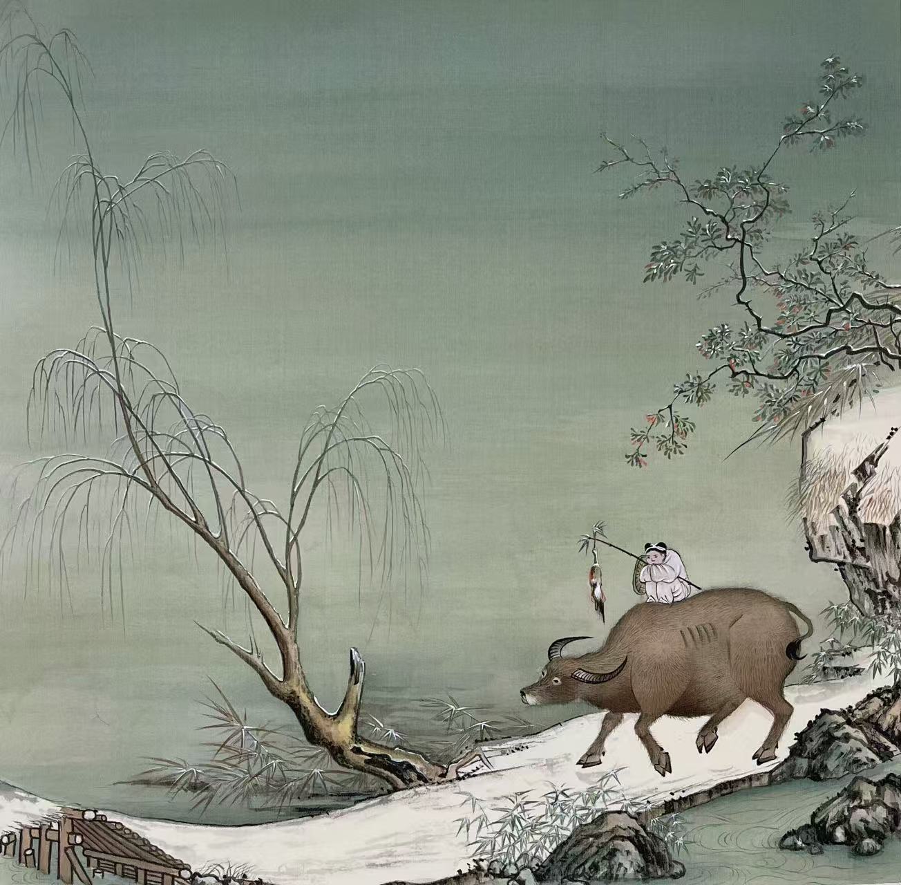 a child is herding cattle