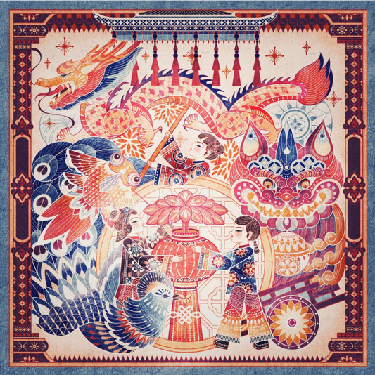 Geometric Printed Women's Silk Twill Scarf 65X65CM New Year by Yanzi PQ15